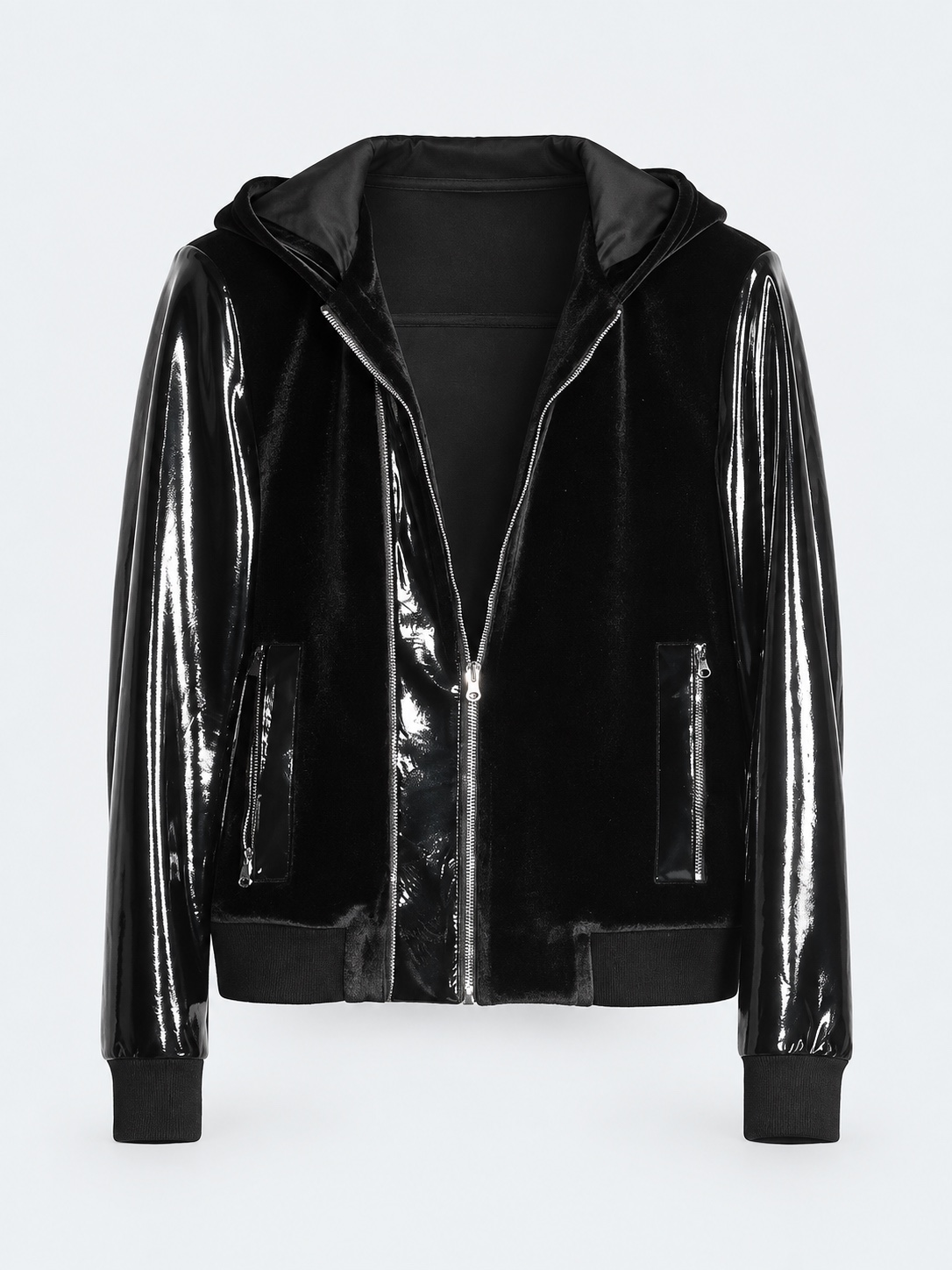 Glossy black hooded jacket